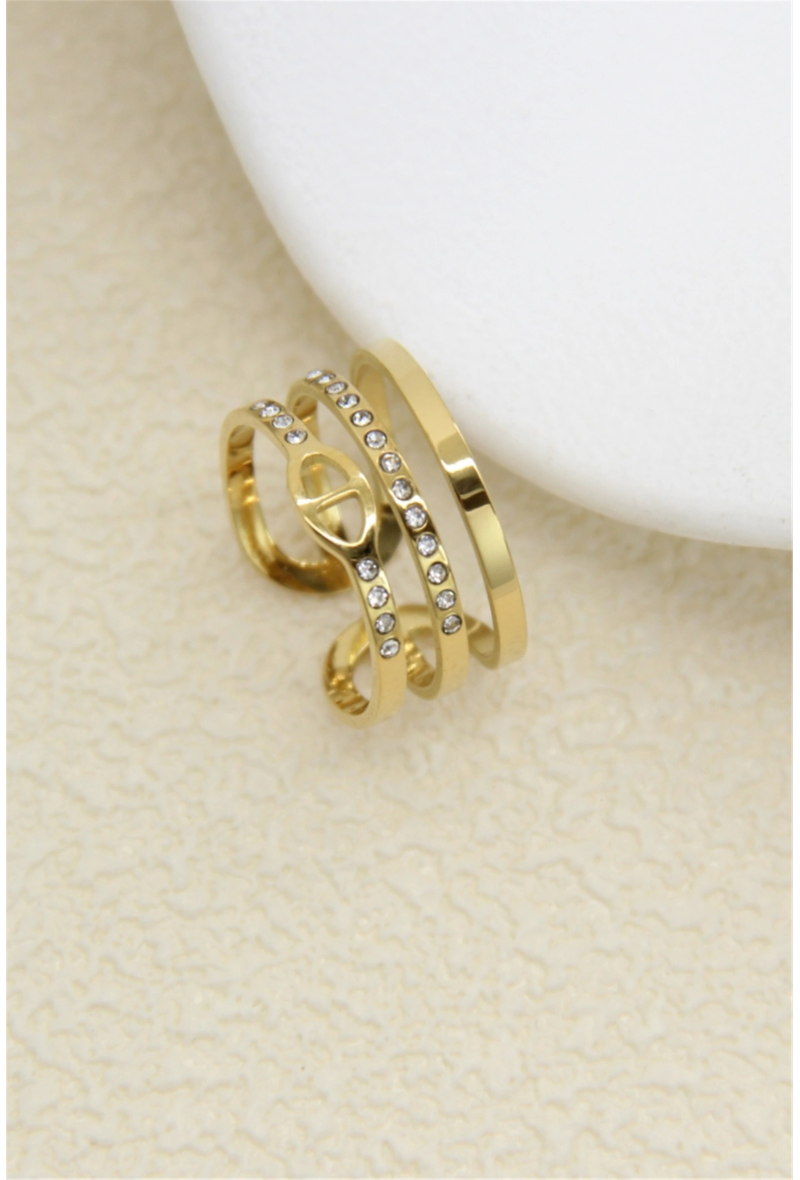 Bague multi-rangs dorée – Boucle marine & strass scintillants