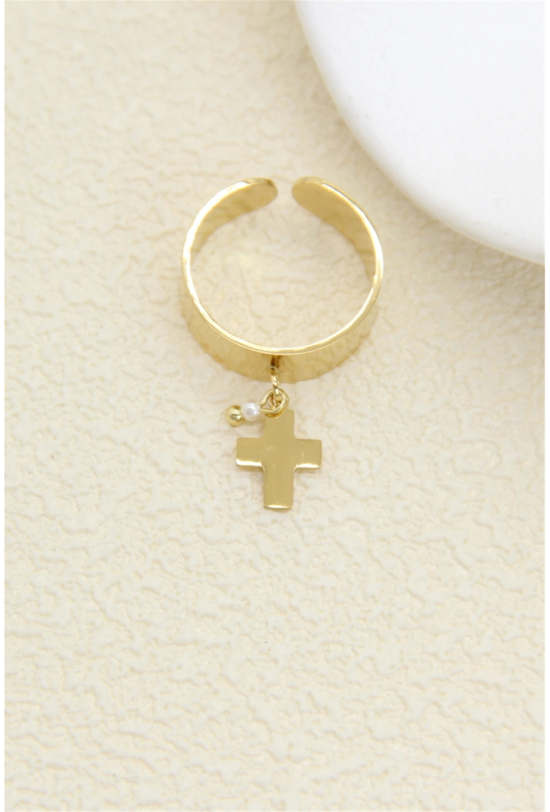Bague charms croix en acier inoxydable doré – Ajustable & tendance