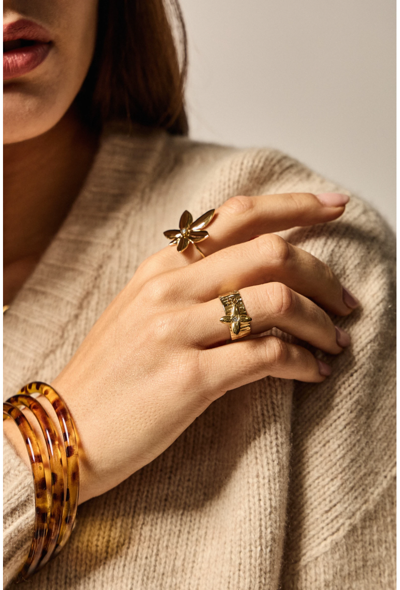 Bague breloque fleur en acier inoxydable doré – Ajustable & élégante