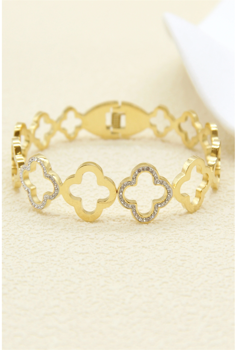 Bracelet jonc trèfle en acier inoxydable – Élégance ajourée et éclat zircon