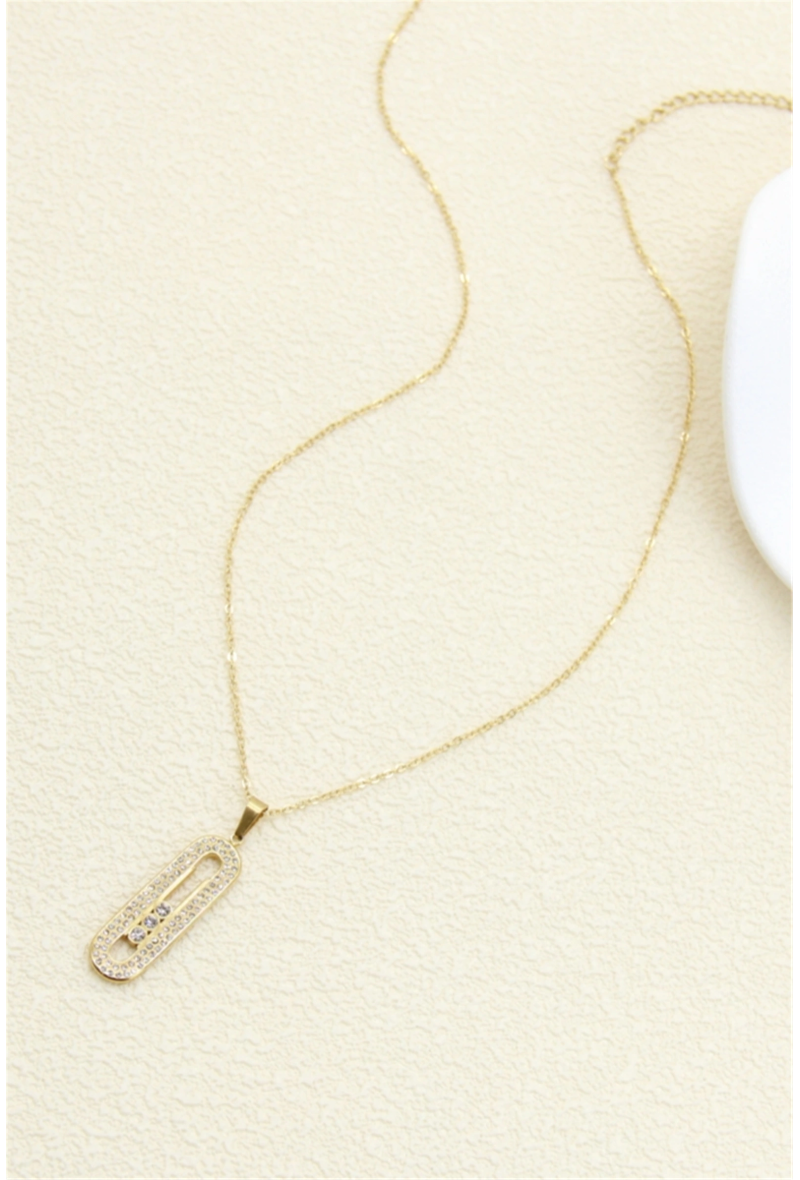 Collier Pendentif Rectangle Strass – Acier Inoxydable