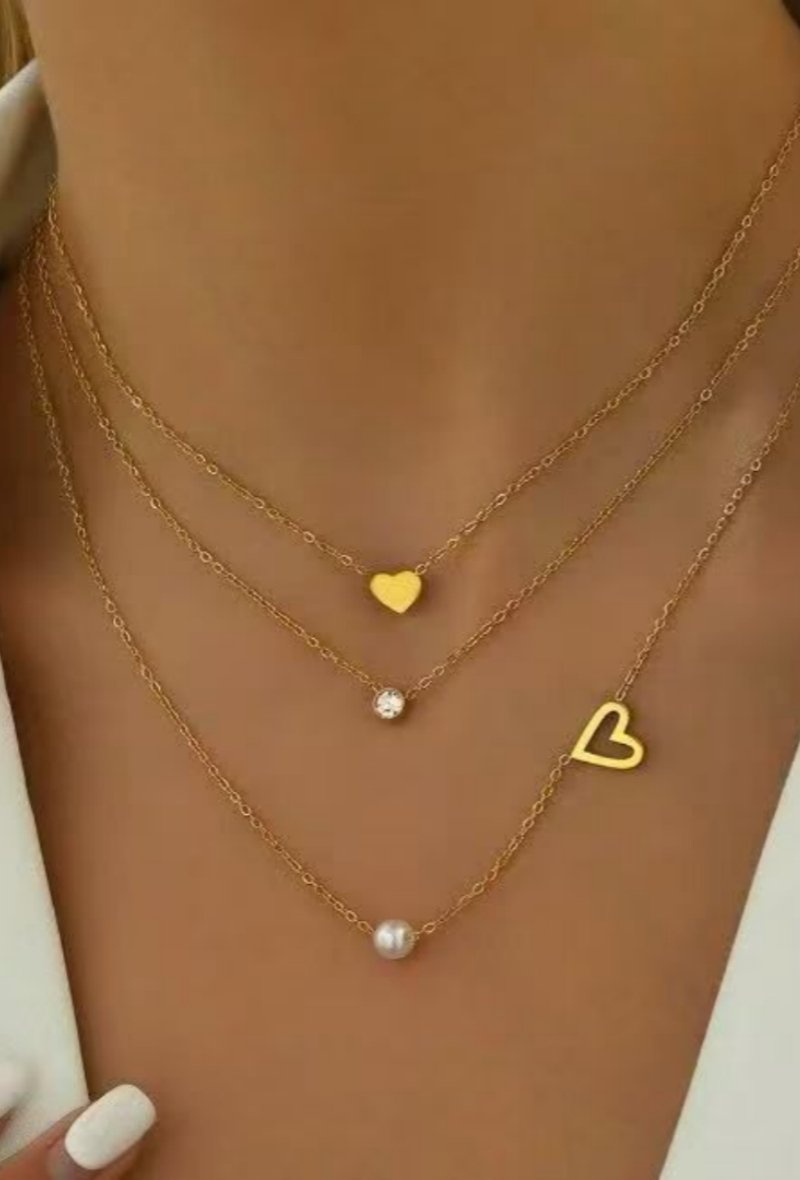 Collier Multirangs Cœur, Perle & Strass – Acier Inoxydable Doré
