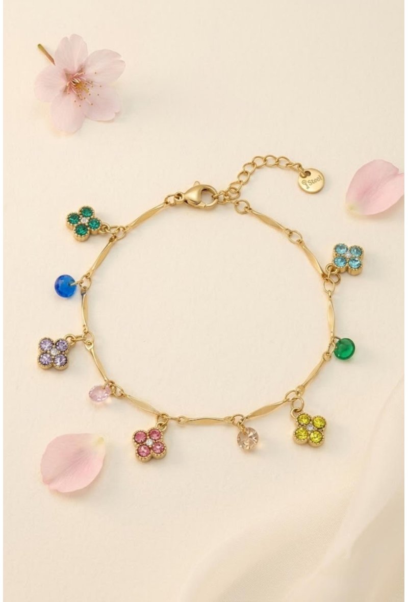 Bracelet Breloques Fleurs Strass en Acier Inoxydable – Charme Coloré & Raffiné